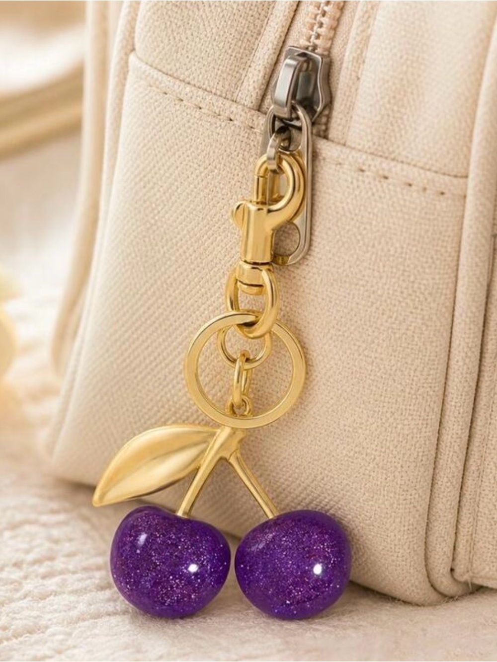 Purple & Gold Cherry Bag Charm - Picture 2 of 4